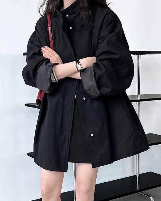 Pockets Solid Color Long Sleeves Loose Stand Collar Trench Coats Outerwear