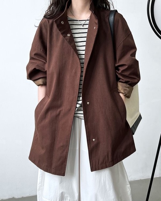 Pockets Solid Color Long Sleeves Loose Stand Collar Trench Coats Outerwear