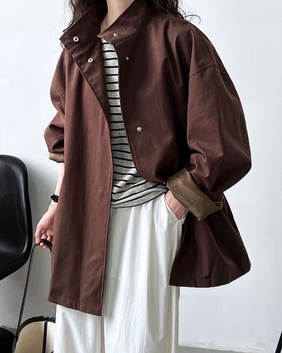 Pockets Solid Color Long Sleeves Loose Stand Collar Trench Coats Outerwear