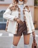 Buttoned Plaid Split-Joint Velvet Long Sleeves Loose Lapel Outerwear