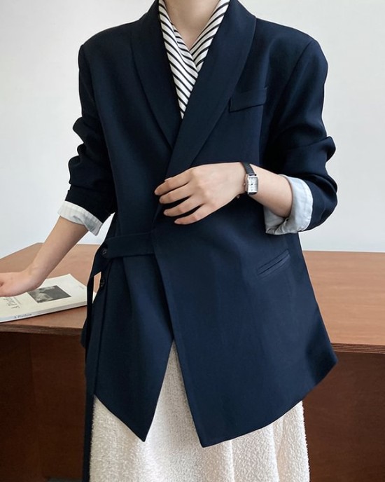 Asymmetric Buttoned Pockets Solid Color Tied Long Sleeves Loose V-Neck Outerwear Blazer