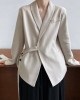 Asymmetric Buttoned Pockets Solid Color Tied Long Sleeves Loose V-Neck Outerwear Blazer