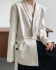 Asymmetric Buttoned Pockets Solid Color Tied Long Sleeves Loose V-Neck Outerwear Blazer