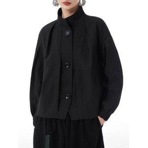 Buttoned Elasticity Pleated Long Sleeves Loose Stand Collar Outerwear Jackets