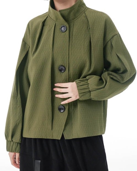 Buttoned Elasticity Pleated Long Sleeves Loose Stand Collar Outerwear Jackets