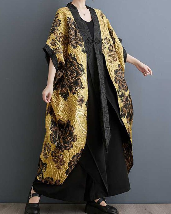 Flower-Embellished Chinese Frog Buttons Pleated Split-Joint Batwing Sleeves Loose V-Neck Outerwear