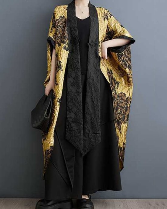 Flower-Embellished Chinese Frog Buttons Pleated Split-Joint Batwing Sleeves Loose V-Neck Outerwear