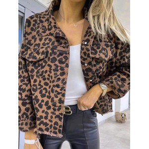 Buttoned Fringed Leopard Pockets Long Sleeves Loose Lapel Outerwear