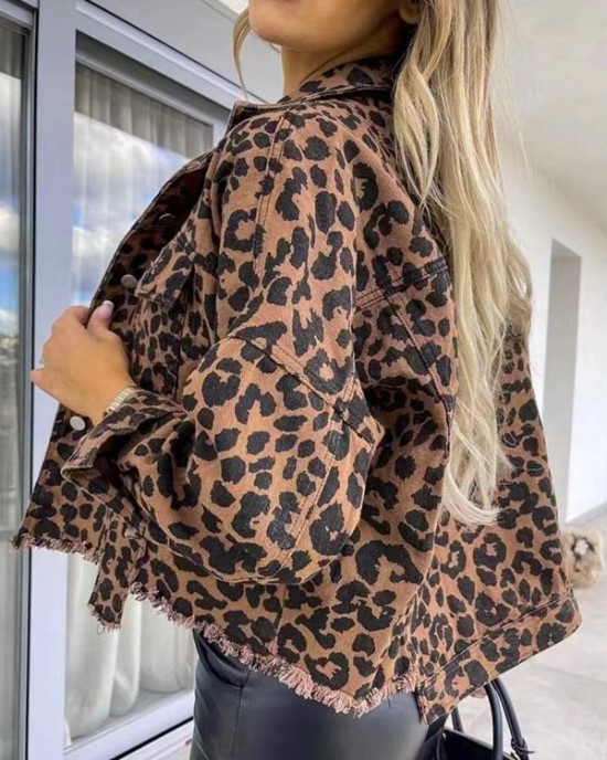 Buttoned Fringed Leopard Pockets Long Sleeves Loose Lapel Outerwear