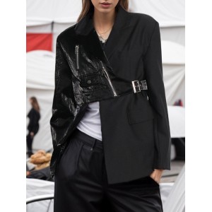 Asymmetric Solid Color Split-Joint Zipper Irregularity Long Sleeves Notched Collar Outerwear Blazer