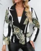 Buttoned Pockets Printed Long Sleeves Loose Notched Collar Outerwear Blazer