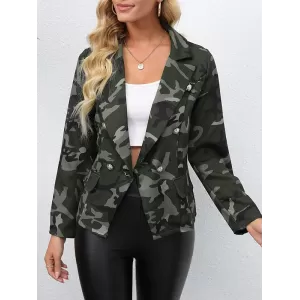 Buttoned Camouflage Pockets Long Sleeves Loose Notched Collar Outerwear Blazer