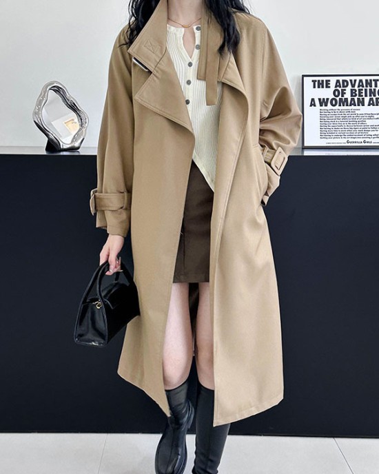 Buckle Pockets Solid Color Split-Back Tied Waist Long Sleeves Loose Lapel Trench Coats