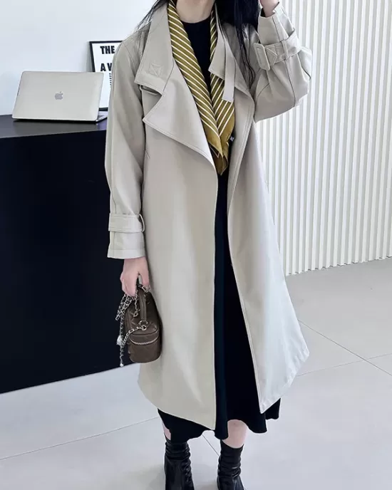 Buckle Pockets Solid Color Split-Back Tied Waist Long Sleeves Loose Lapel Trench Coats