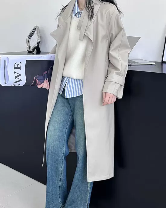 Buckle Pockets Solid Color Split-Back Tied Waist Long Sleeves Loose Lapel Trench Coats