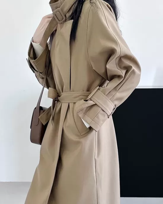 Buckle Pockets Solid Color Split-Back Tied Waist Long Sleeves Loose Lapel Trench Coats