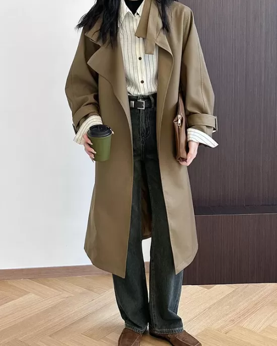 Buckle Pockets Solid Color Split-Back Tied Waist Long Sleeves Loose Lapel Trench Coats