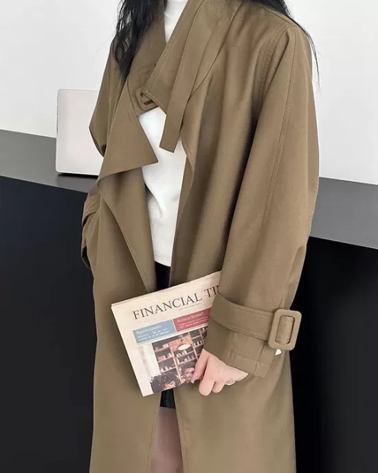 Buckle Pockets Solid Color Split-Back Tied Waist Long Sleeves Loose Lapel Trench Coats