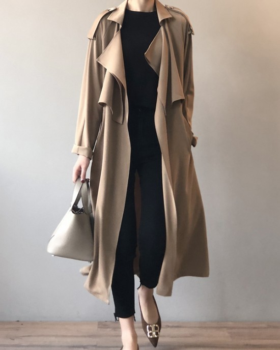 Khaki&Black Vintage Notched Collar Thin Trench Coat