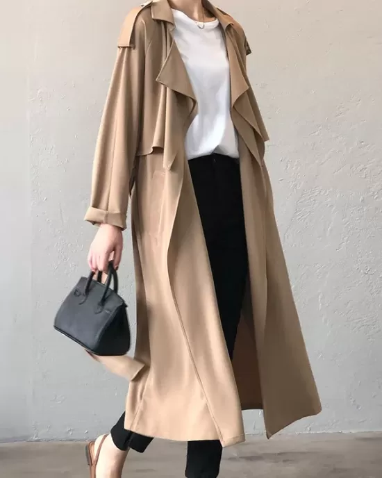 Khaki&Black Vintage Notched Collar Thin Trench Coat