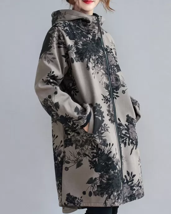 Artistic Retro Loose Floral Printed Hooded Long Sleeves Outwear