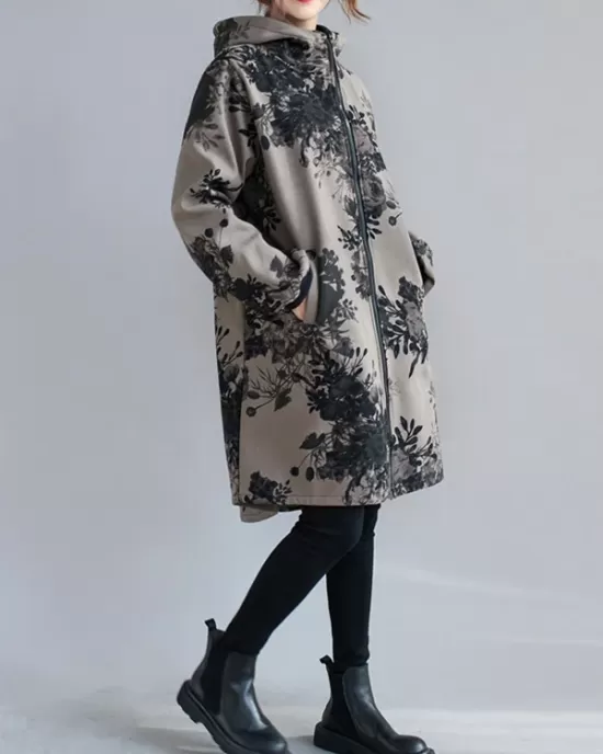 Artistic Retro Loose Floral Printed Hooded Long Sleeves Outwear