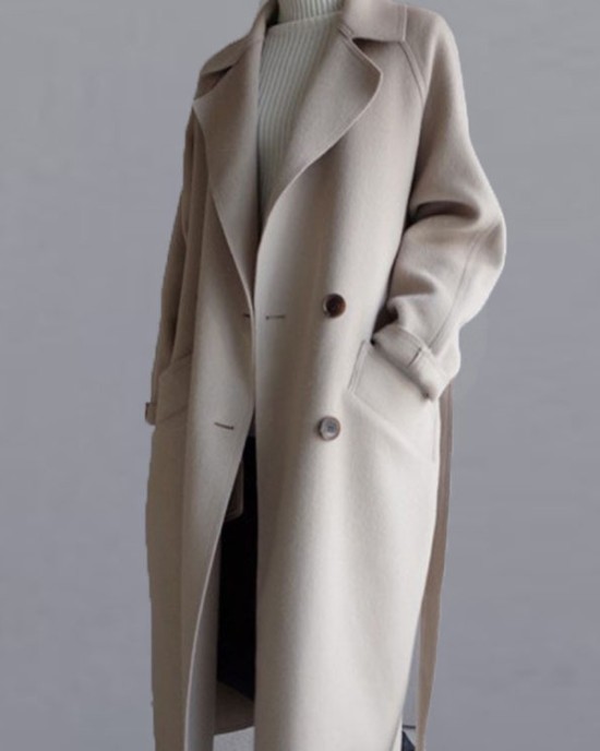 Urban Loose Solid Color Belted Woolen Coat