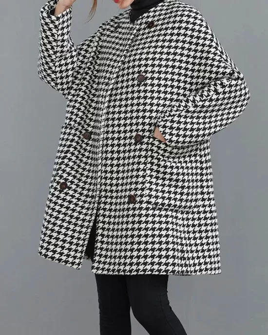 Loose Houndstooth Buttoned Round-Neck Long Sleeves Woolen Coat