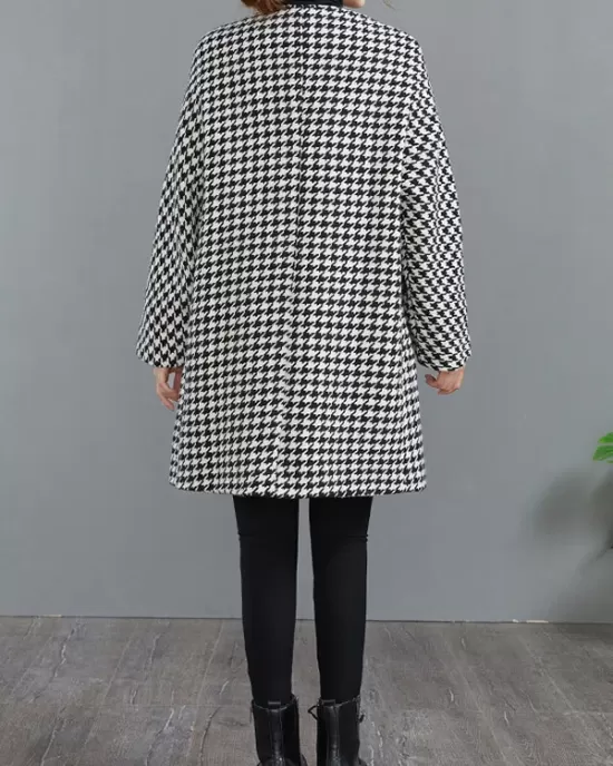 Loose Houndstooth Buttoned Round-Neck Long Sleeves Woolen Coat