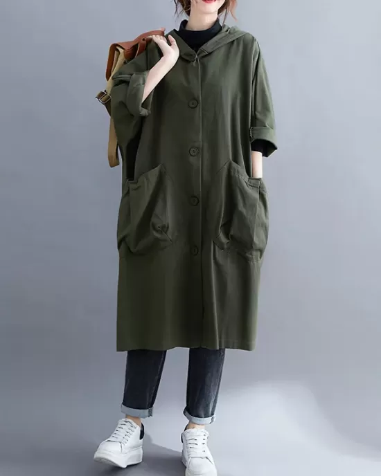 Loose Hooded Trench Long Coat