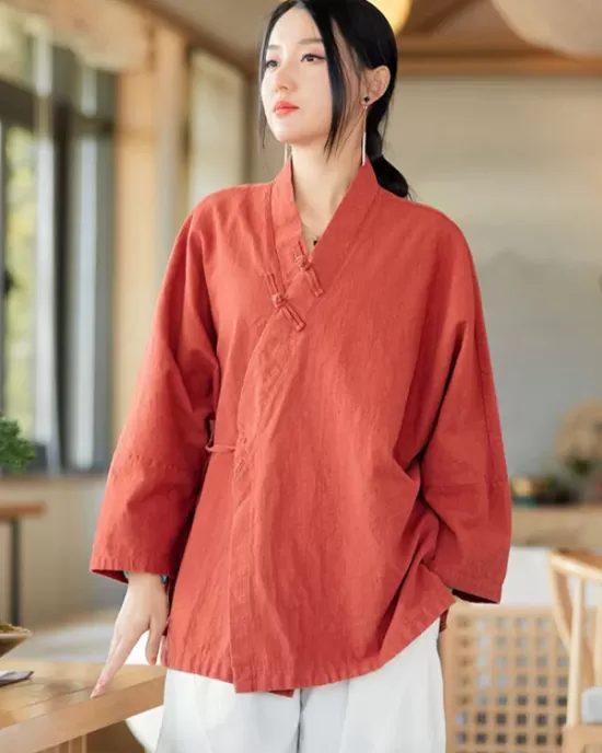 Vintage Long Sleeves Loose Buttoned Tied Solid Color V-Neck Outerwear