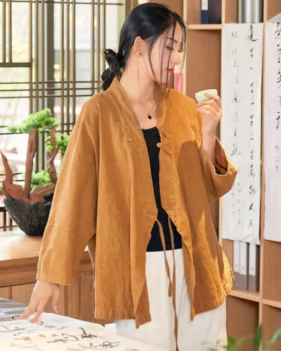 Vintage Long Sleeves Loose Buttoned Tied Solid Color V-Neck Outerwear