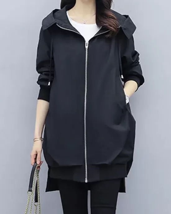 Casual Loose 4 Colors Pleated Zipper Hooded Long Sleeves Outwear