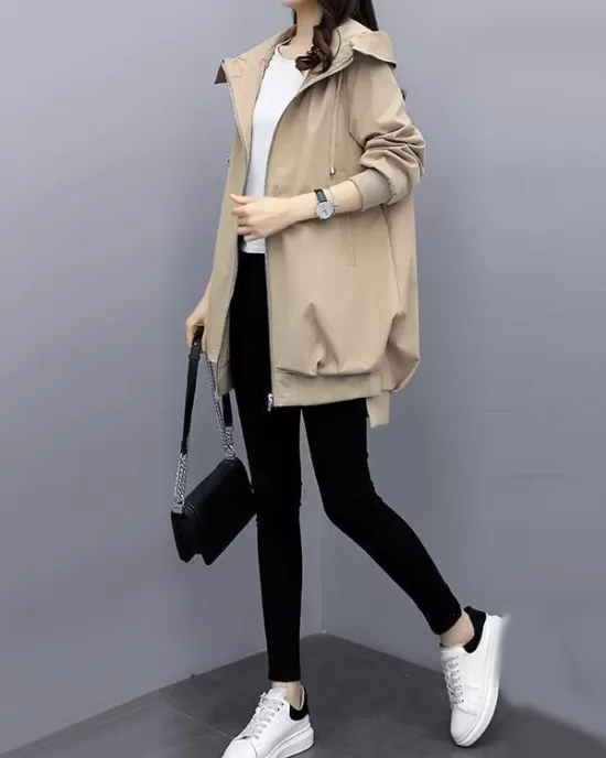 Casual Loose 4 Colors Pleated Zipper Hooded Long Sleeves Outwear