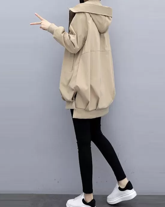 Casual Loose 4 Colors Pleated Zipper Hooded Long Sleeves Outwear