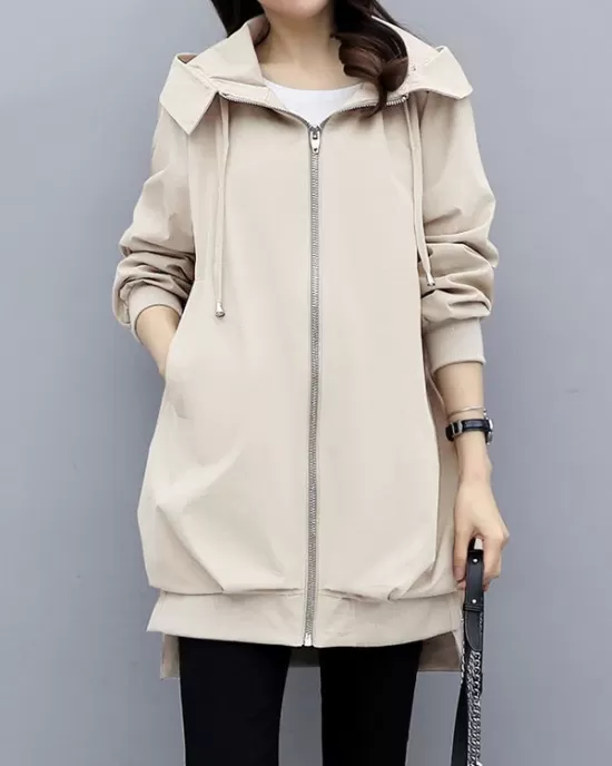 Casual Loose 4 Colors Pleated Zipper Hooded Long Sleeves Outwear