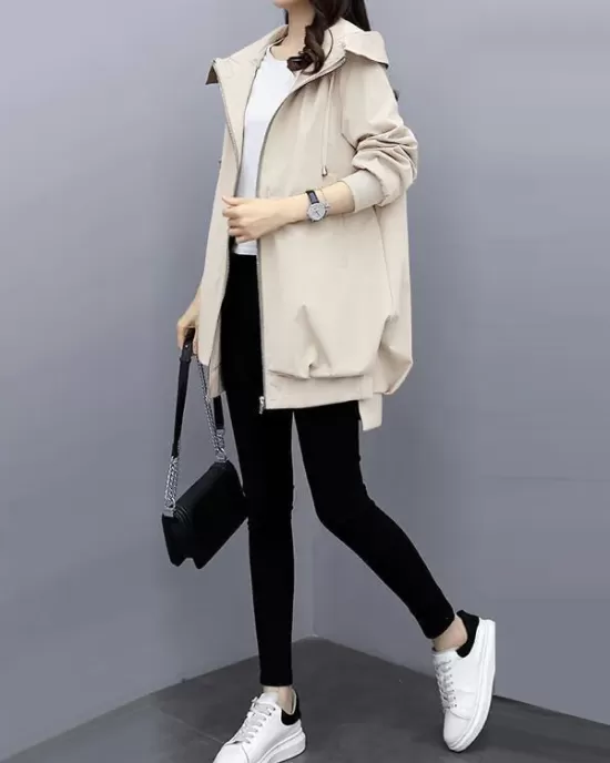 Casual Loose 4 Colors Pleated Zipper Hooded Long Sleeves Outwear