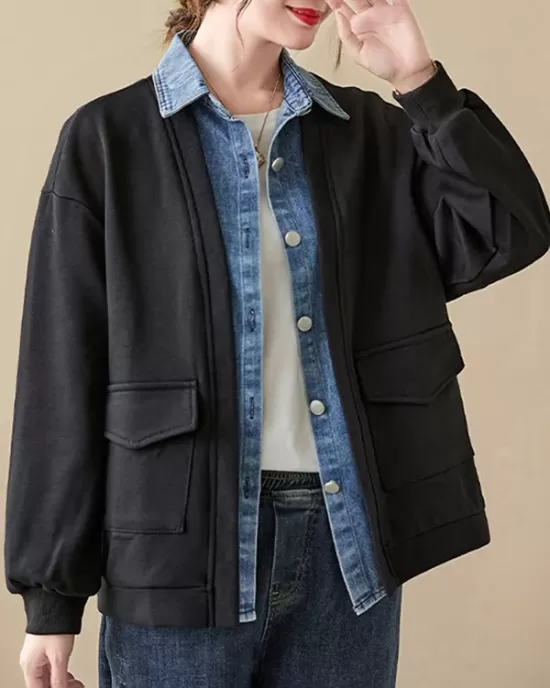 Casual False Two Loose Buttoned Contrast Color Split-Joint Lapel Collar Outerwear