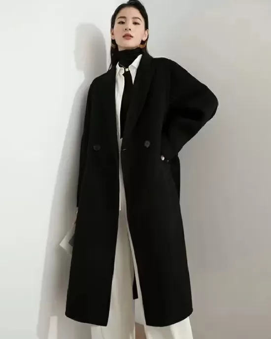 Office Belted Solid Color Notched Collar Wool Overcoat