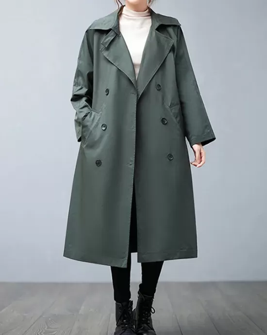 Loose Buttoned Notched Collar Trench Coat