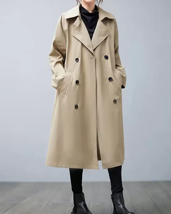 Loose Buttoned Notched Collar Trench Coat