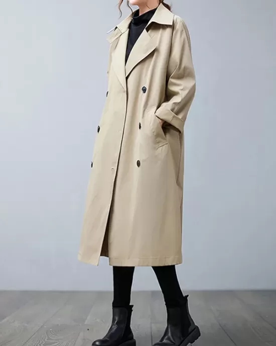 Loose Buttoned Notched Collar Trench Coat