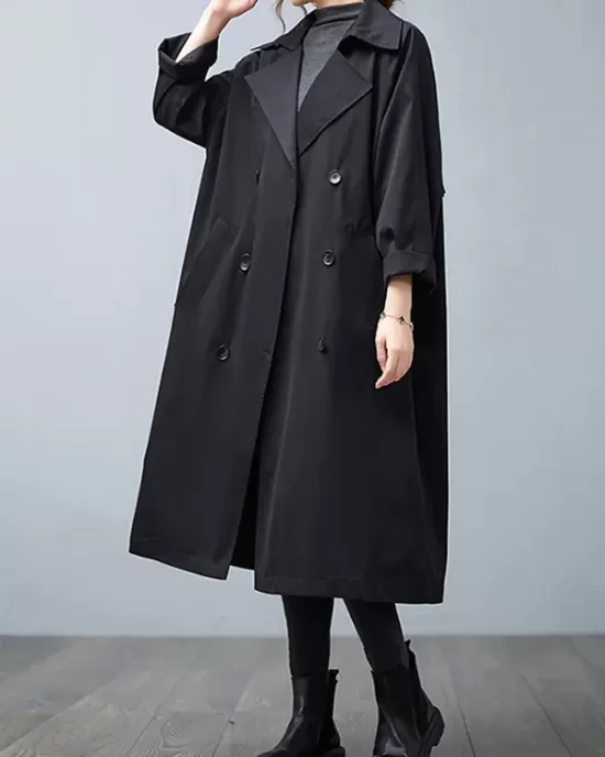 Loose Buttoned Notched Collar Trench Coat