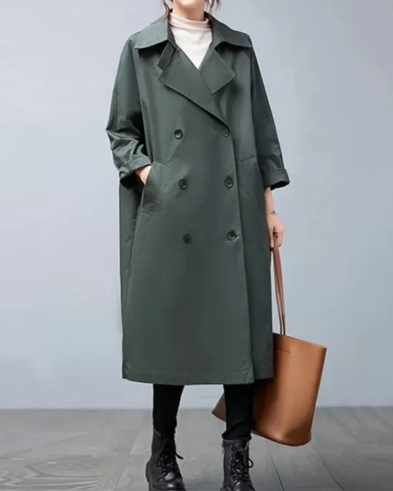 Loose Buttoned Notched Collar Trench Coat