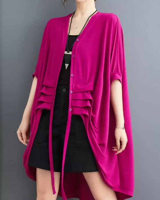 Drawstring Solid Color Half Sleeves Irregular Clipping V-Neck Outerwear