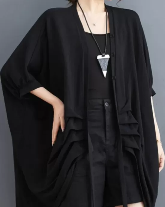 Drawstring Solid Color Half Sleeves Irregular Clipping V-Neck Outerwear