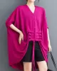 Drawstring Solid Color Half Sleeves Irregular Clipping V-Neck Outerwear