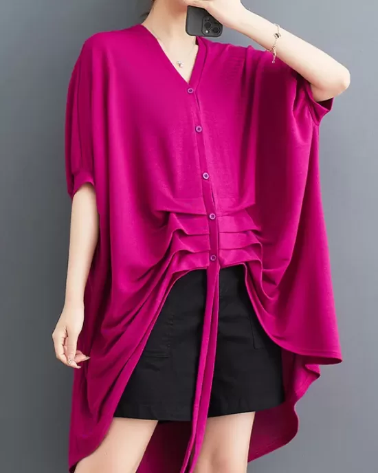 Drawstring Solid Color Half Sleeves Irregular Clipping V-Neck Outerwear