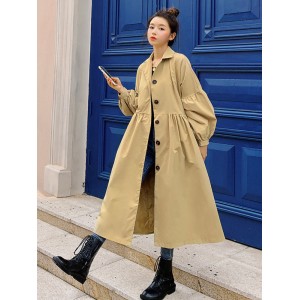 Casual Lose Tied Buttoned High-Waist Notched Collar Long Bishop Sleeves Trench Coat