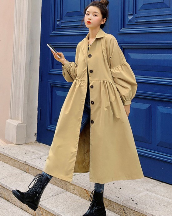 Casual Lose Tied Buttoned High-Waist Notched Collar Long Bishop Sleeves Trench Coat